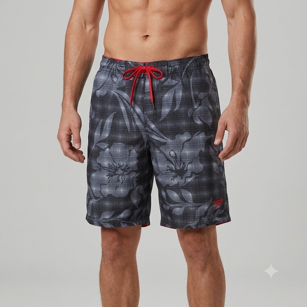 Speedo Swim Trunks Men Large Gray Floral Plaid Mesh Lined Board Shorts